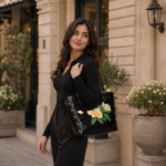 Black Croc Floral Top-Handle Tote Bag - Image 4