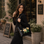 Black Croc Floral Top-Handle Tote Bag - Image 3