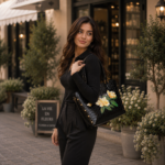 Black Croc Floral Top-Handle Tote Bag - Image 2
