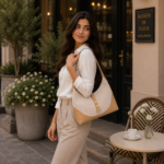 Beige Canvas & PU Hobo Shoulder Bag - Image 2