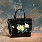 Black Croc Floral Top-Handle Tote Bag