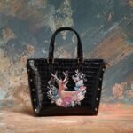 Black Croc Deer Floral Top-Handle Bag
