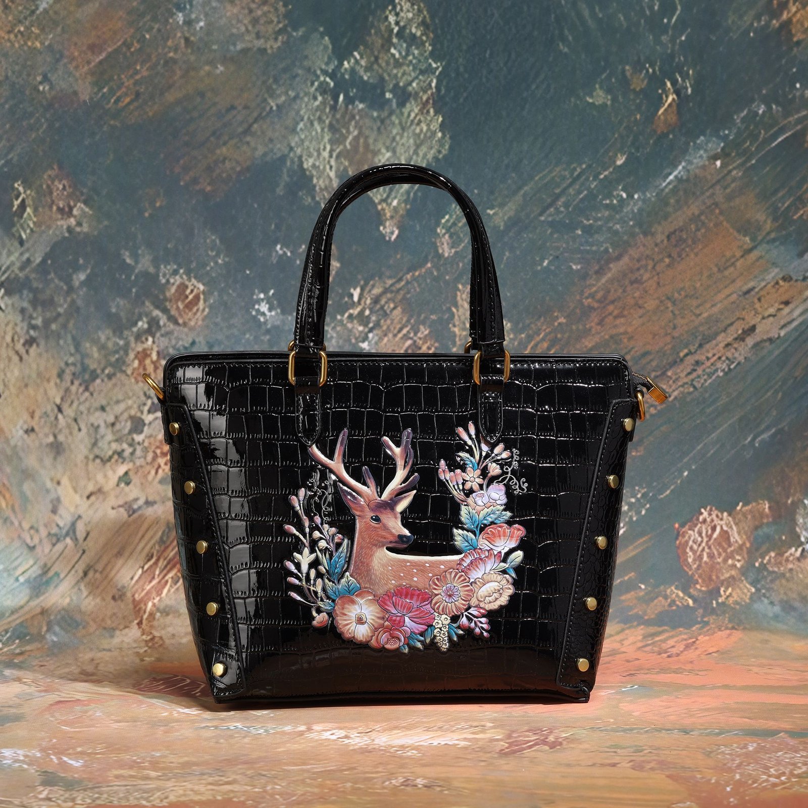 WhatsApp Image 2026-06-26 at 11.21.27 PM (1) Black Croc Deer Floral Top-Handle Bag - Image 1