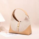 Beige Canvas & PU Hobo Shoulder Bag