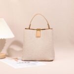 Beige Canvas Top-Handle Bucket Bag