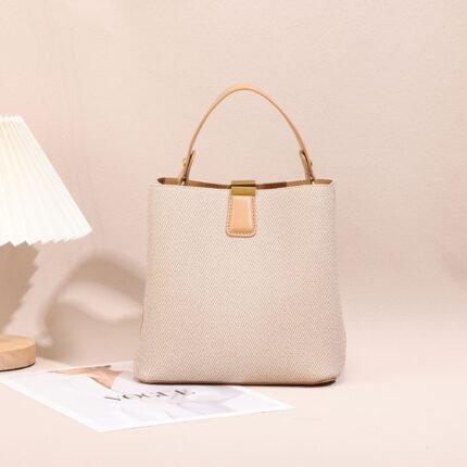 Beige Canvas Top-Handle Bucket Bag